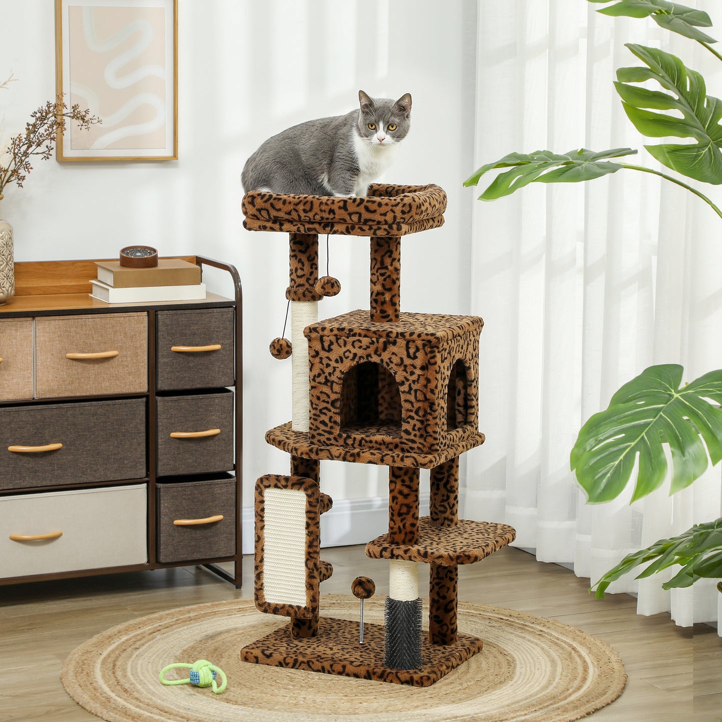 41 Inch Cat Tree with Scratching Posts, Cat Bed, Condo, Jumping Platforms, Toy Balls, Leopard Print
