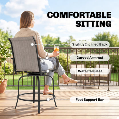 Outdoor Bar Stools Set of 2, 360° Swivel Bar Height Chairs, 26.8" x 29.5" x 48.4", Tan