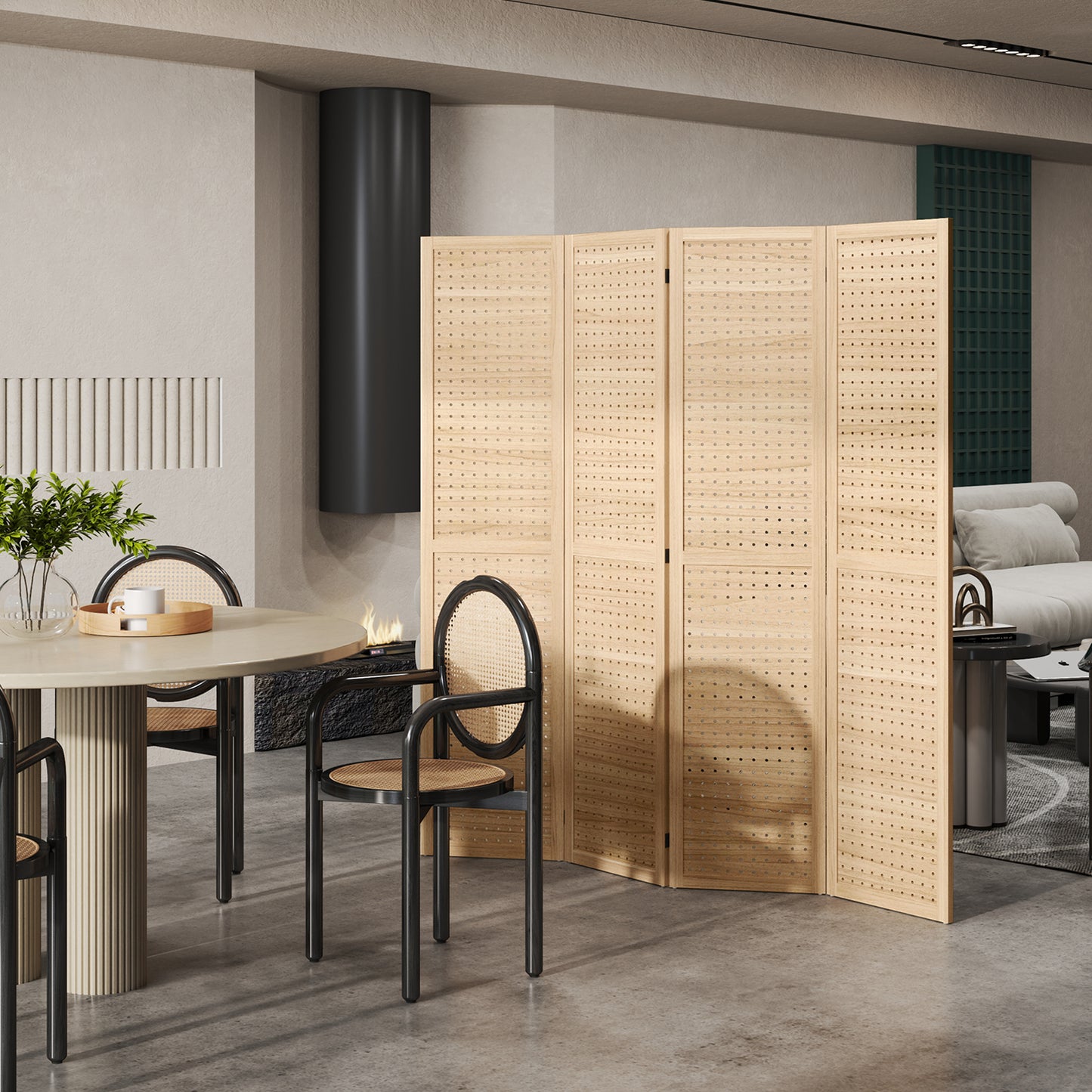 5.6 Ft. Tall 4-Panel Room Divider, Pegboard Panel Freestanding Folding Privacy Screen Panels, Partition Wall Divider for
