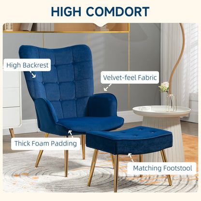 Modern Accent Chair with Ottoman, Upholstered Armchair with Footrest, Gold Metal Legs for Living Room, Bedroom, Dark Blu