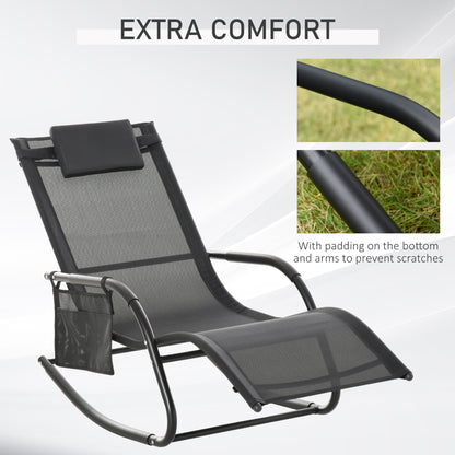 Patio Rocking Chair with Mesh Fabric, Outdoor Rocking Sling Sun Lounger with Removable Headrest and Side Pocket for Gard