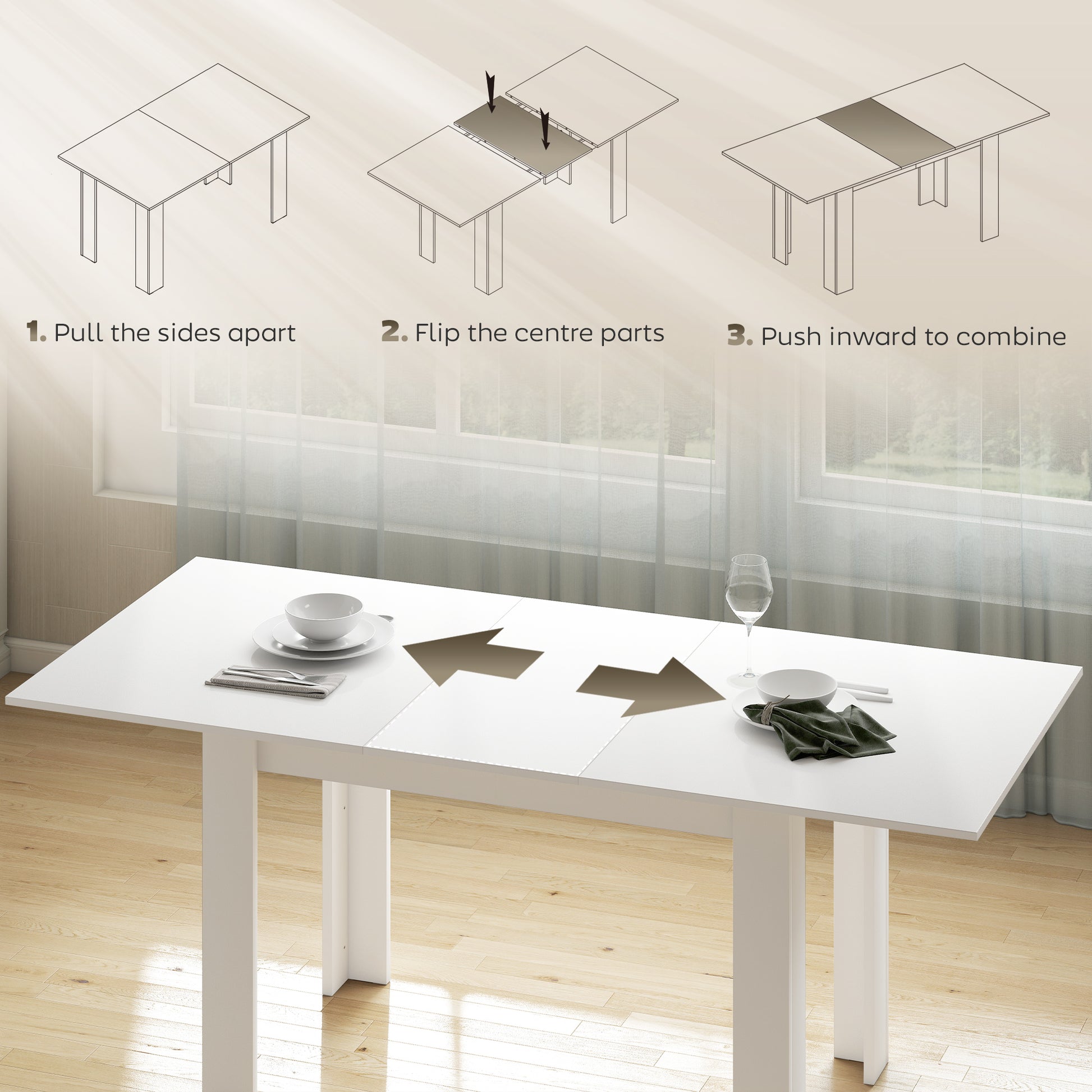 Modern Extendable Dining Table, 55.1 x 31.5 in, for 6-8 People, Expandable Dining Table for Kitchen, White