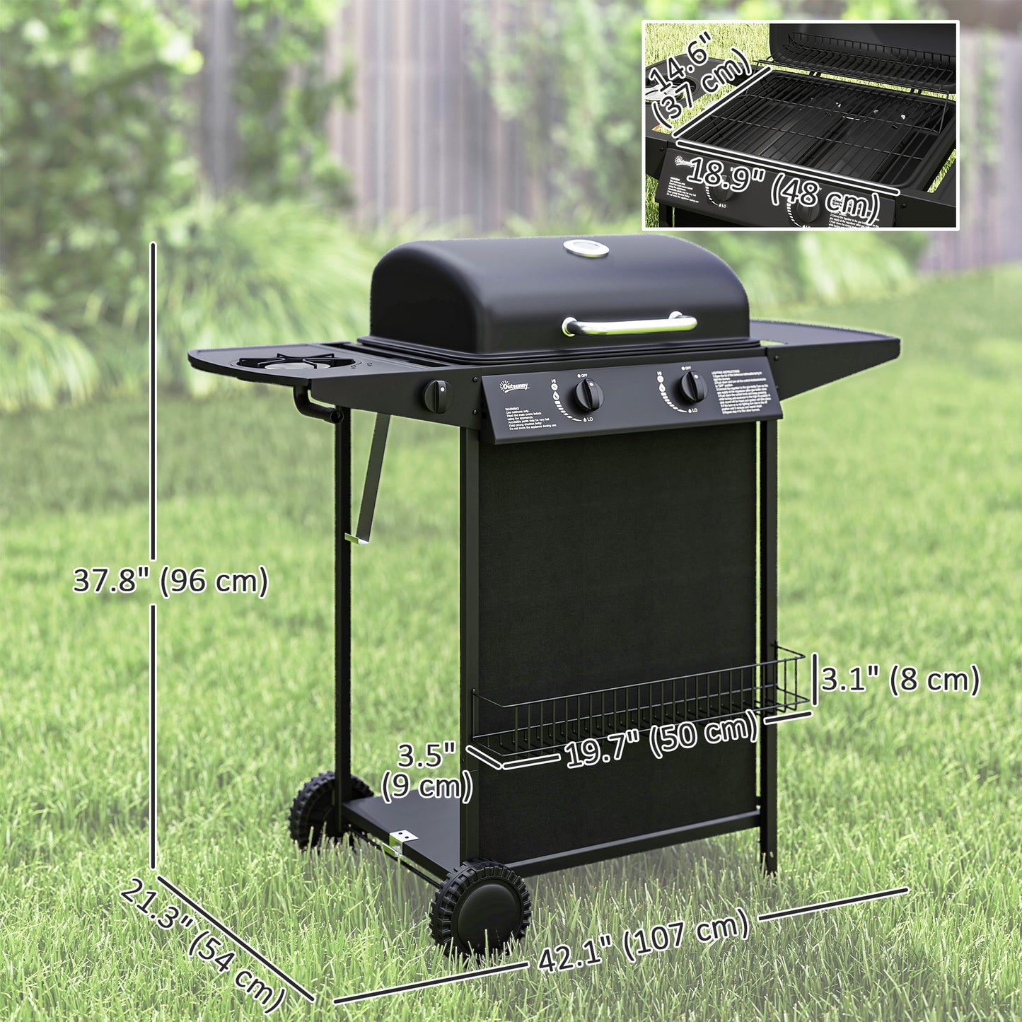 2+1 Burner Propane Gas BBQ Grill, Portable Gas Barbecue Grill with Side Burner, Thermometer, Lid, Side Table, Shelf, Spi