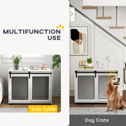 39" Dog Crate Furniture with Sliding Barn Door, Furniture Style Dog Cage End Table for Large Dogs, White