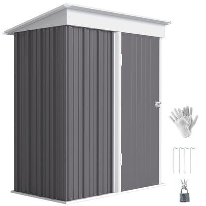 Outdoor Storage Shed, Steel Lean-to Shed with Adjustable Shelf, Lock, Gloves, 5'x3'x6', Grey