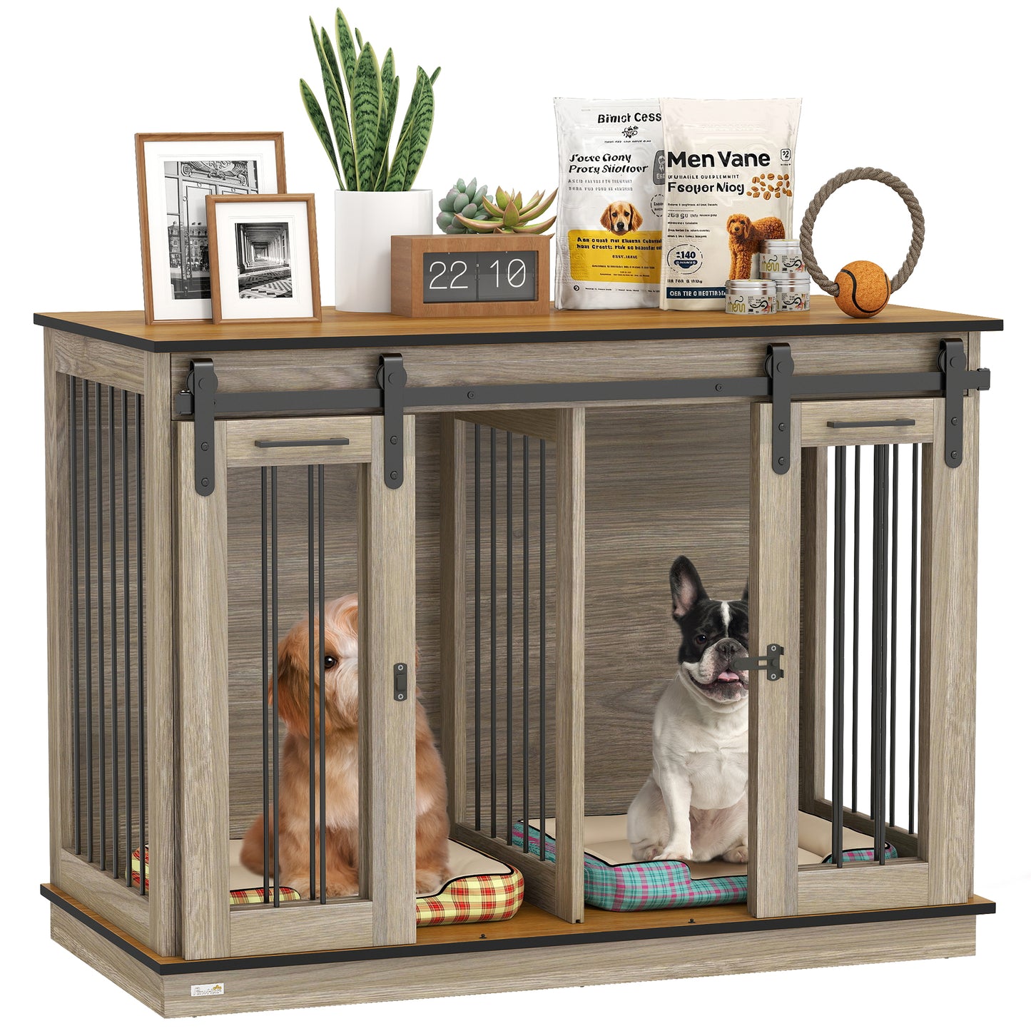 47in Dog Crate Furniture with Divider Panel, Wooden Dog Kennel TV Stand for Large Dogs, Pet House Side Table for 2 Small