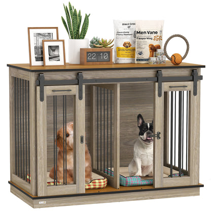 47in Dog Crate Furniture with Divider Panel, Wooden Dog Kennel TV Stand for Large Dogs, Pet House Side Table for 2 Small
