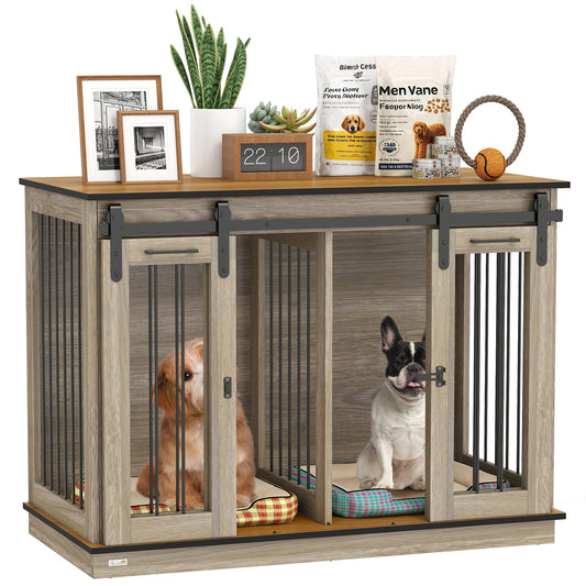 47in Dog Crate Furniture with Divider Panel, Wooden Dog Kennel TV Stand for Large Dogs, Pet House Side Table for 2 Small
