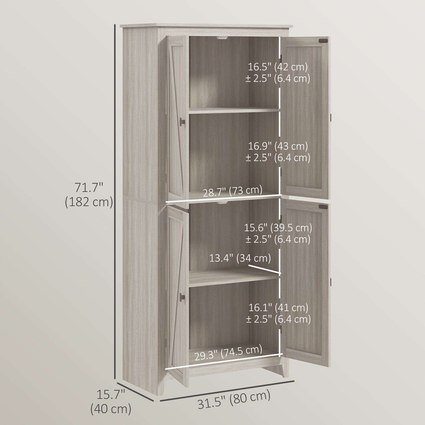 72" Freestanding Storage Cabinet, Kitchen Pantry Cabinet with Doors and Shelves for Dining Room, Grey