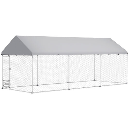 Outdoor Dog Run with Adjustable & Rotatable Bowls, Waterproof UV-Resistant Cover, Escape-Proof Lock, 19.7' x 7.5' x 7.5'