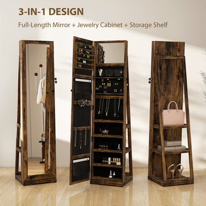 360° Swivel Jewelry Armoire, Lockable Mirror Jewelry Cabinet with Built-In Small Mirror, Rustic Brown