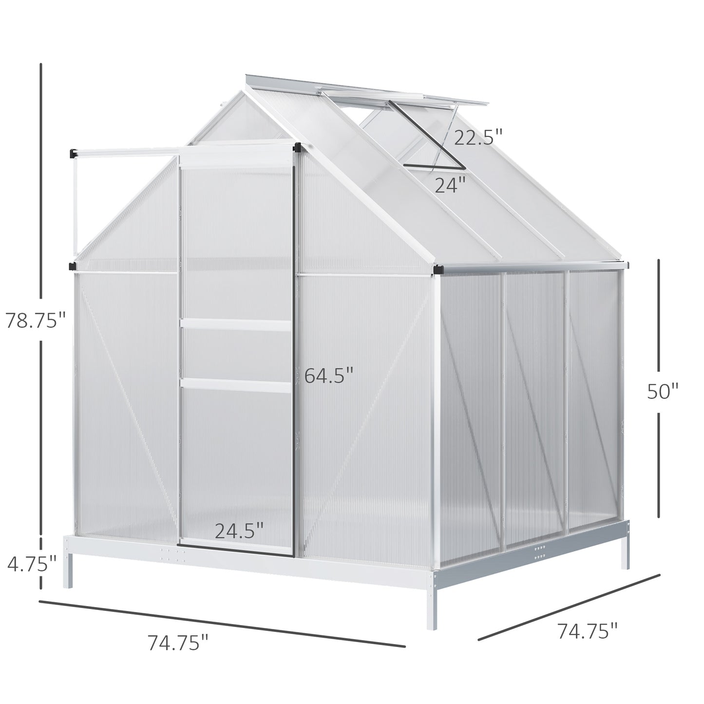 6' x 6' x 6.5' Polycarbonate Greenhouse, Walk-in Green House with Adjustable Roof Vent, Galvanized Base, Sliding Door an