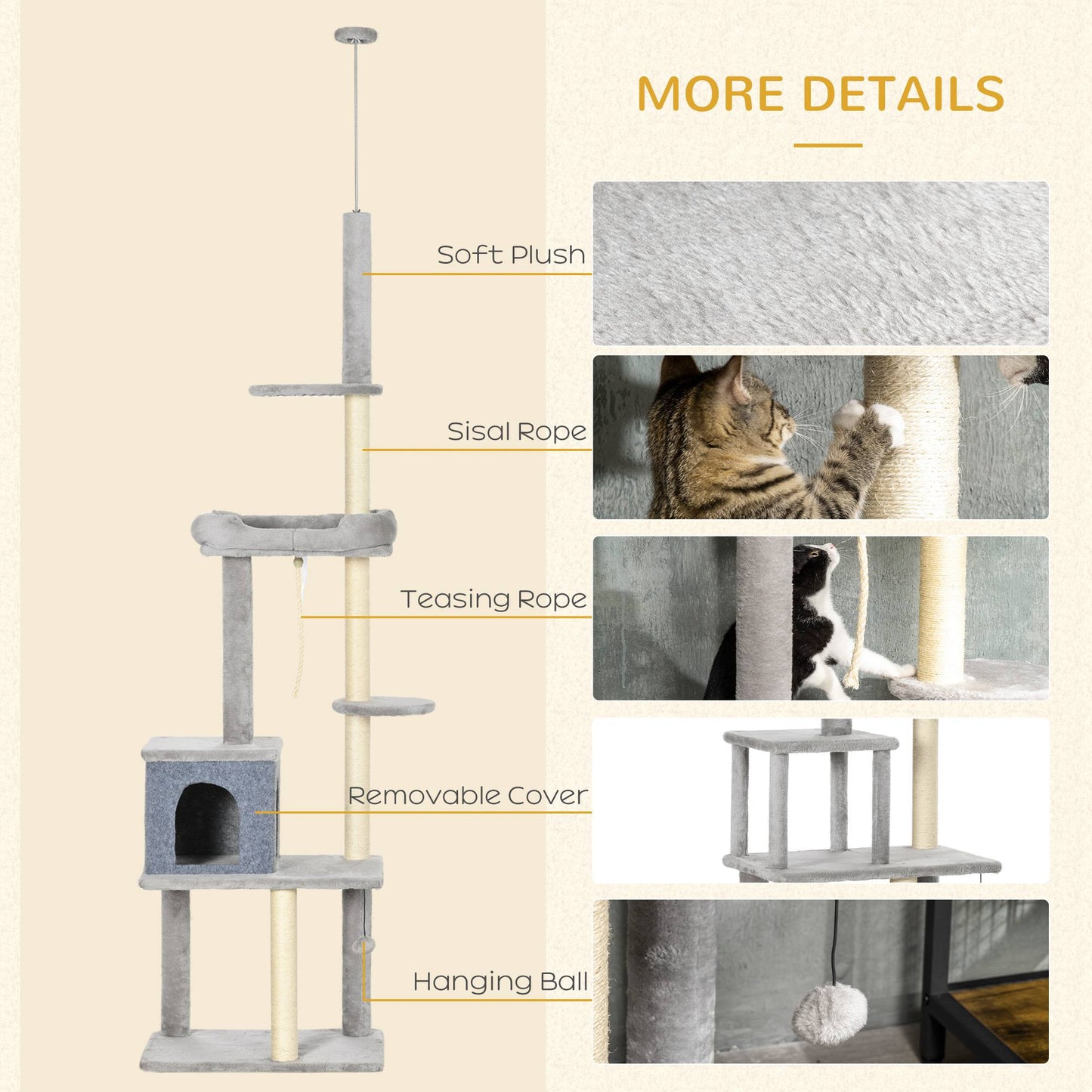 Cat Tree Floor to Ceiling Cat Tower Height Adjustable( 85-101 Inches), Tall Large Cat Climbing Activity Center with Scra