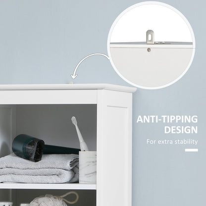 Tall Bathroom Storage Cabinet, Free Standing Bathroom Cabinet Slim Side Organizer w/ 3-Tier Open Shelf, Door, and Drawer