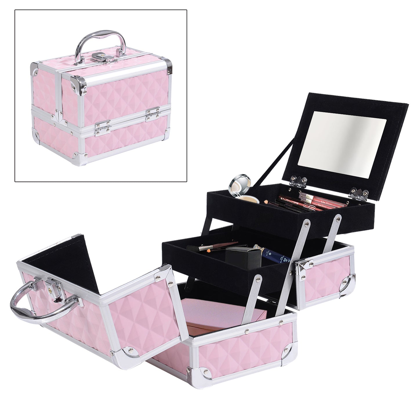 3-Tier Makeup Train Case with Mirror - Pink - Image 6