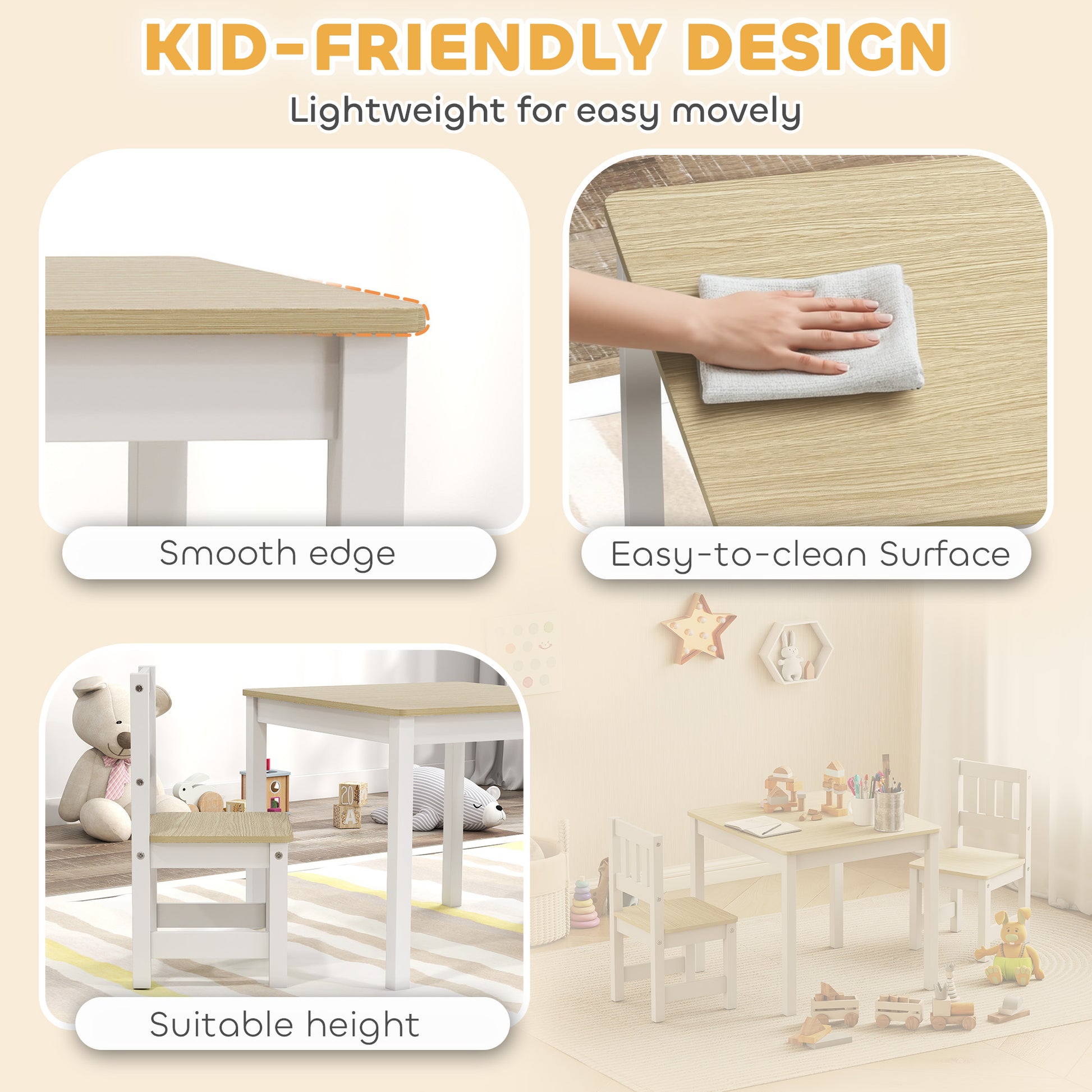 Qaba Kids Table and Chairs Set, Toddler Table and 2 Chair Set for Activity, Art, Craft, Reading, Learning, Natural