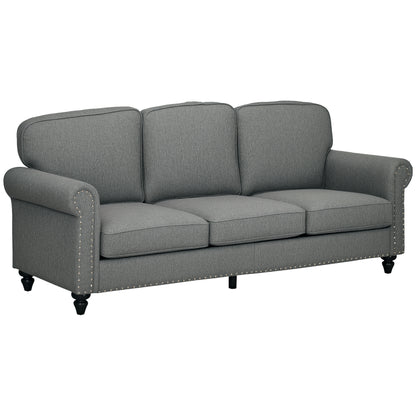 3-Seater Sofa Couch, 81" Modern Upholstered Linen Fabric Sofa with Rubberwood Legs, Nailhead Trim and Rolled Arms for Li