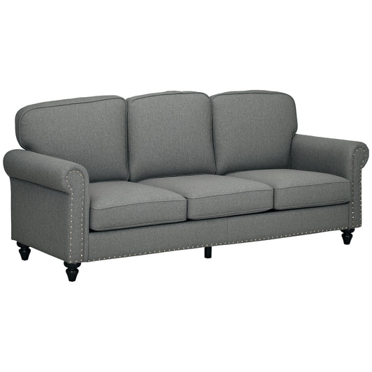 3-Seater Sofa Couch, 81" Modern Upholstered Linen Fabric Sofa with Rubberwood Legs, Nailhead Trim and Rolled Arms for Li