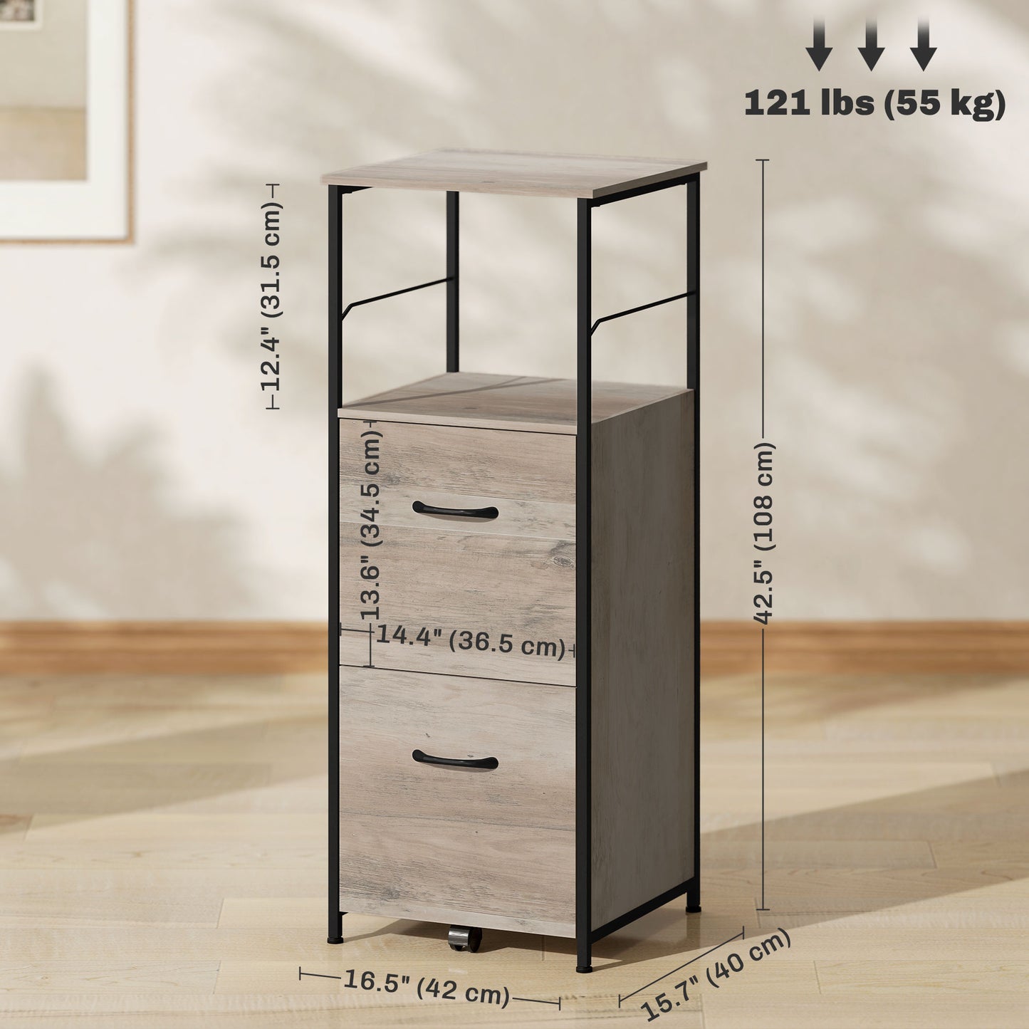Vertical Filing Cabinet, Tall File Cabinet with 2 Drawers, Hanging Bars for Letter and A4 Size, Distressed Grey