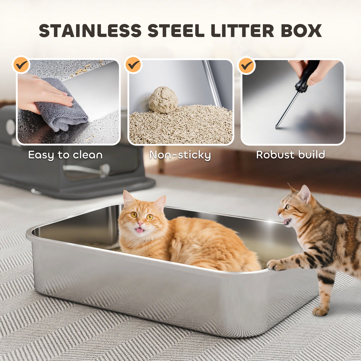 XXL Stainless Steel Cat Litter Tray, Enclosed Cat Litter Box for Big Cats with High Sides, Scoop, Easy Clean, Black
