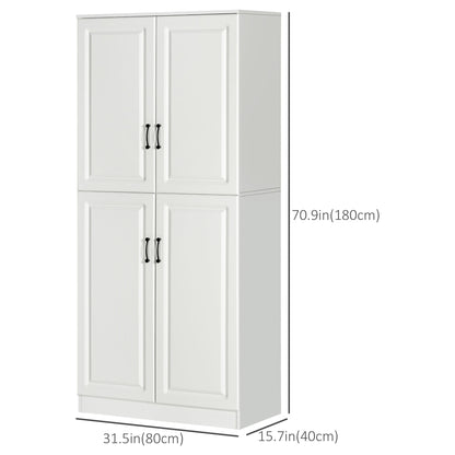 71" Freestanding Kitchen Pantry Cabinet, Storage Cabinet with 4 Hinged Doors and Adjustable Shelves, White