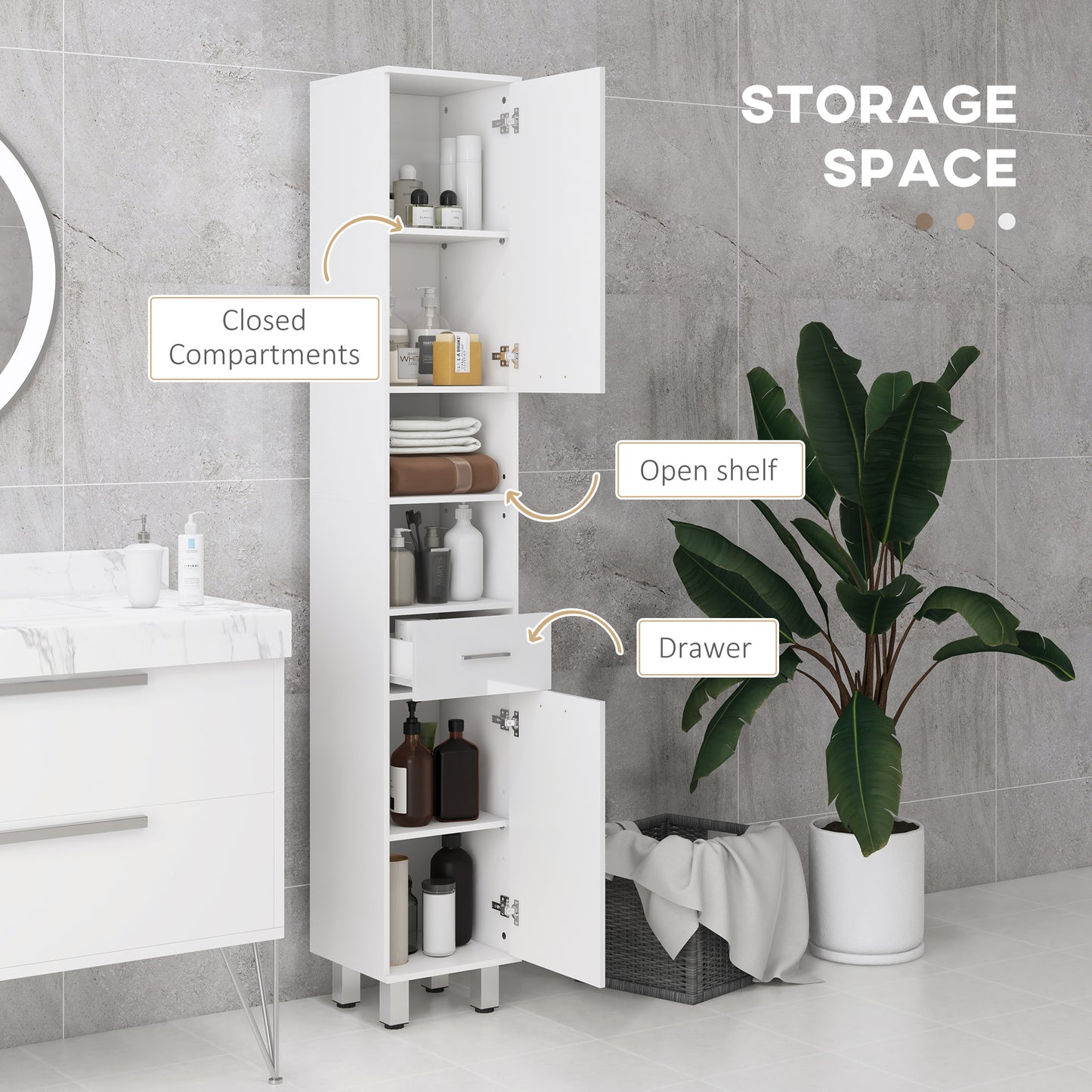 71" Tall Bathroom Storage Cabinet, Narrow Linen Tower with Drawer, Open Shelves, 2 Doors Cabinets and Adjustable Shelves