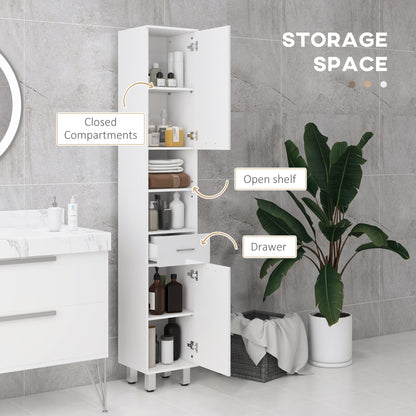 71" Tall Bathroom Storage Cabinet, Narrow Linen Tower with Drawer, Open Shelves, 2 Doors Cabinets and Adjustable Shelves