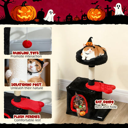 28" Gothic Cat Tree Tower with Plush Top Bed, Cozy Condo, Sisal Scratching Post, Perch, Dangling Ball, Red & Black