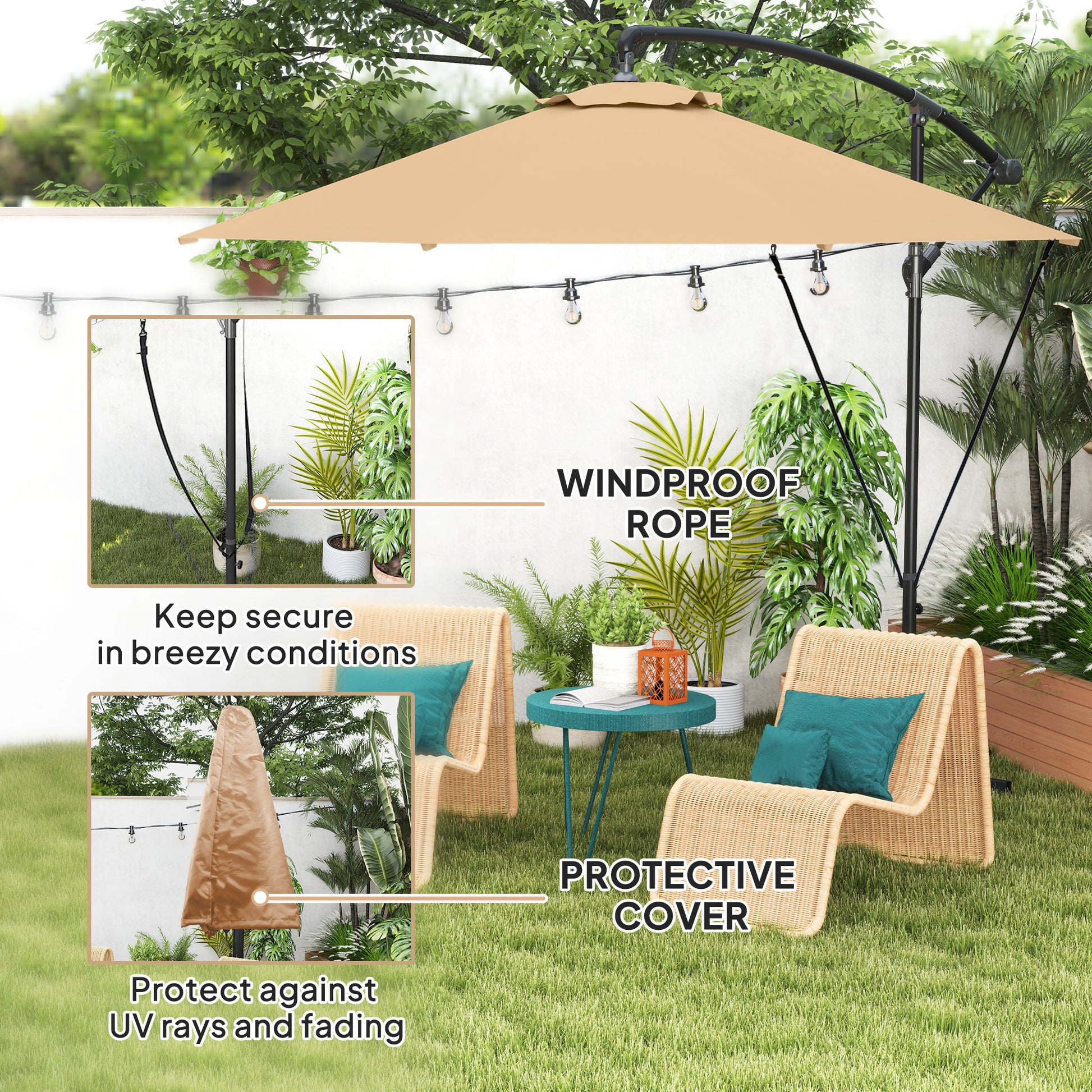 9.5' Cantilever Umbrella with Wind Protection Strap and Cover, Hanging Umbrella with Crank and Cross Base, Khaki