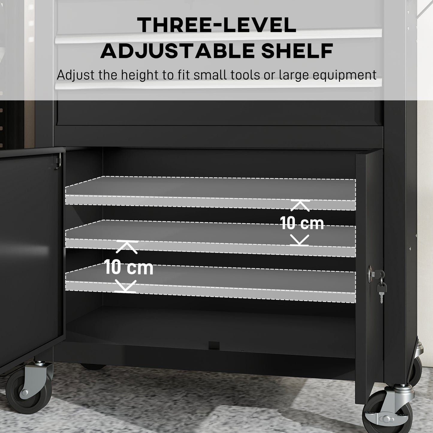 Rolling Tool Cabinet with Pegboard, Lockable Tool Chest, Mobile Tool Storage Organizer for Garage and Workshop, Black