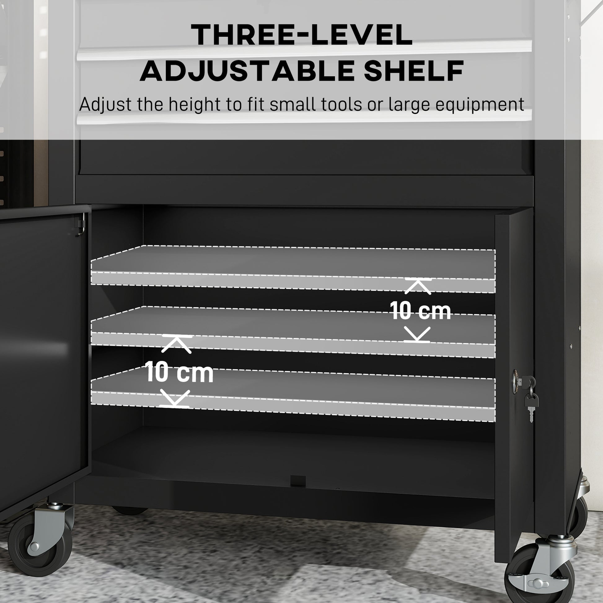 Rolling Tool Cabinet with Pegboard, Lockable Tool Chest, Mobile Tool Storage Organizer for Garage and Workshop, Black