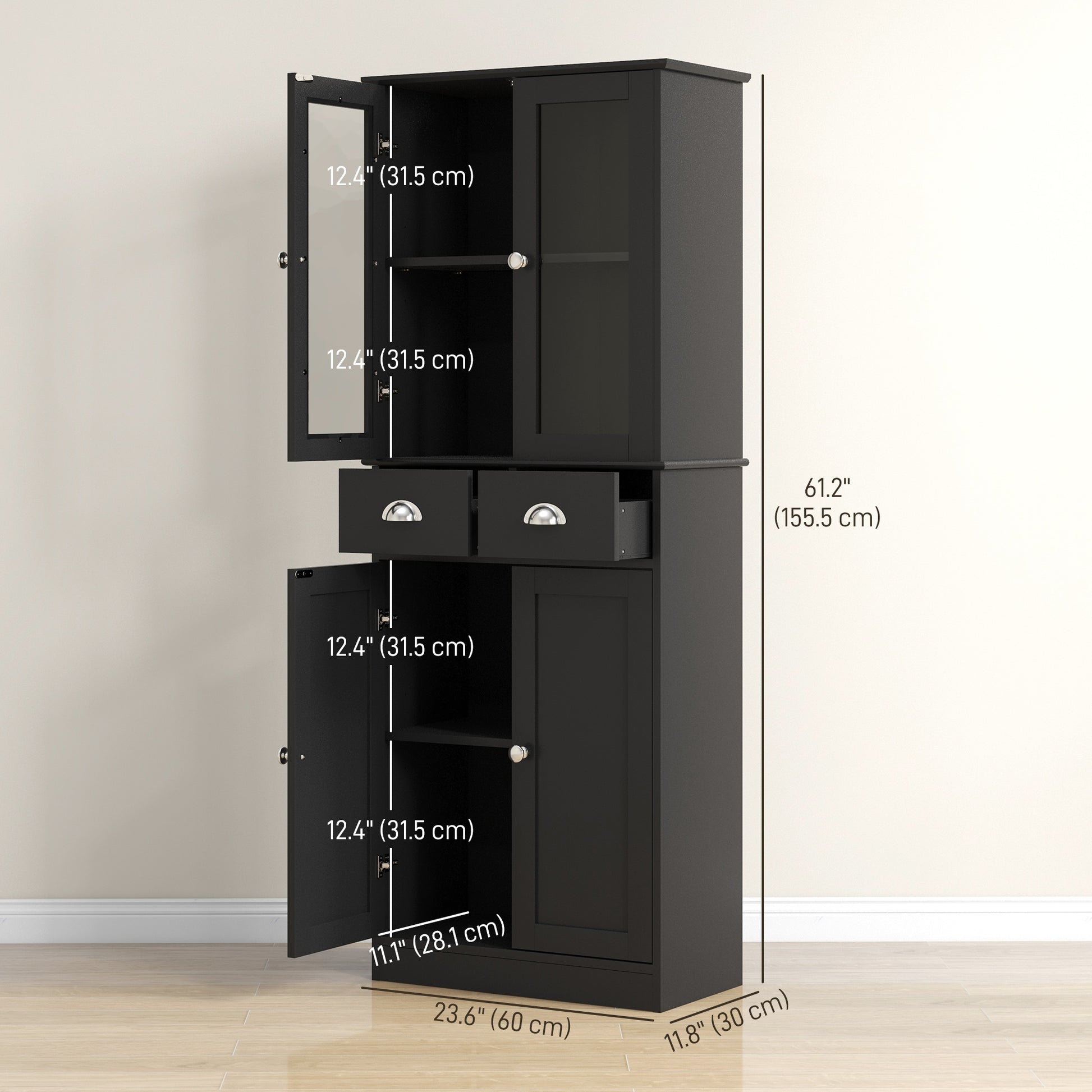 61" Kitchen Pantry Cabinet, Freestanding Farmhouse Buffet Storage Cabinet with Soft Close Glass Doors and Adjustable She