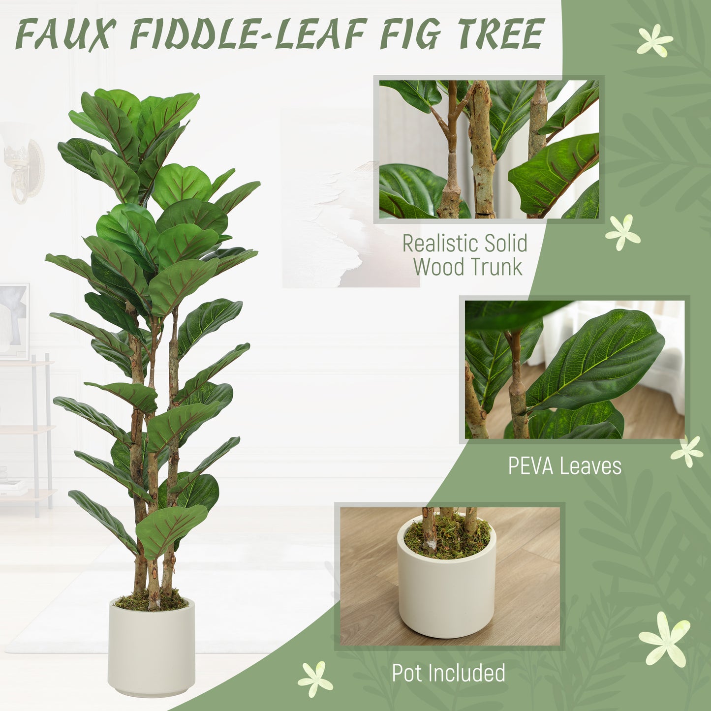 4FT Artificial Fiddle Leaf Fig Tree, Fake Potted Tree with Solid Wood Trunks and Lifelike Leaves for Indoor Decor, Green