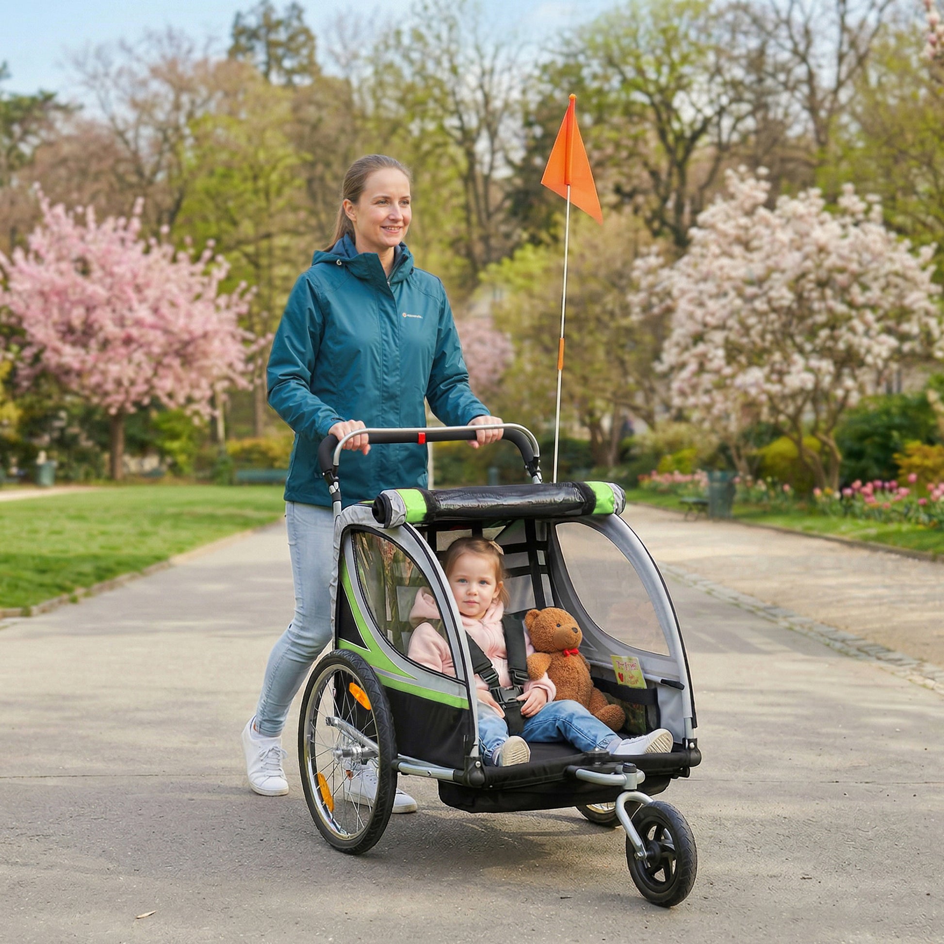 VarietyKart 2 Seat Bike Trailer for Kids 2-in-1 Double Baby Stroller with Handbrake, Rubber Wheels, 5 Point Harness, Wat