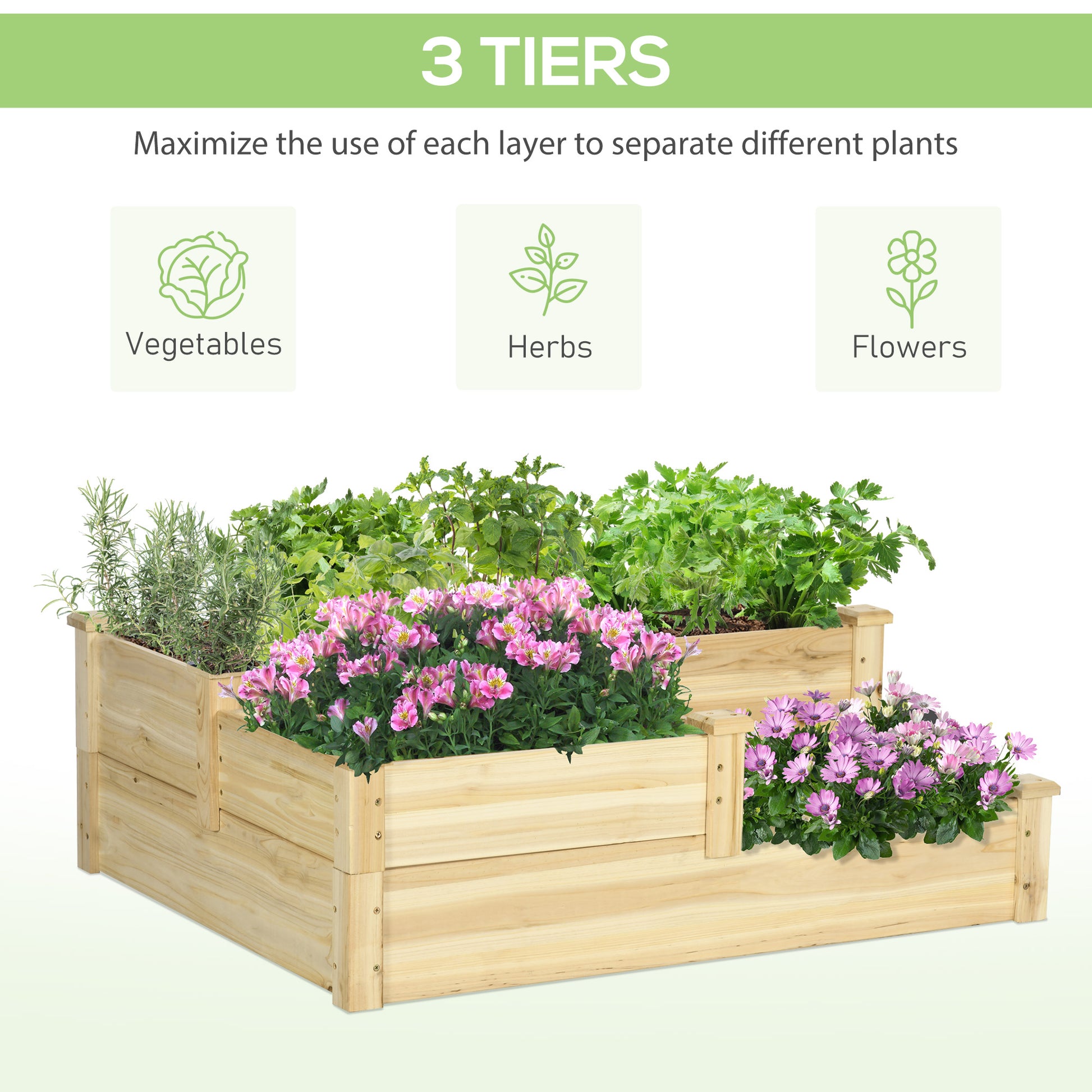 3 Tier Raised Garden Bed, 42.5" x 34.6" x 14.2" Wooden Raised Planter Box Kit for Growing Vegetables, Herbs, Flowers, Na
