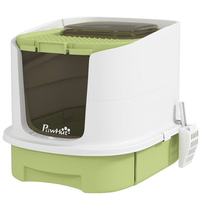 Enclosed Cat Litter Box with Lid, Scoop, Top Entry, Deodorization Bags, Drawer Type Cat Litter Tray, Easy to Clean, Gree
