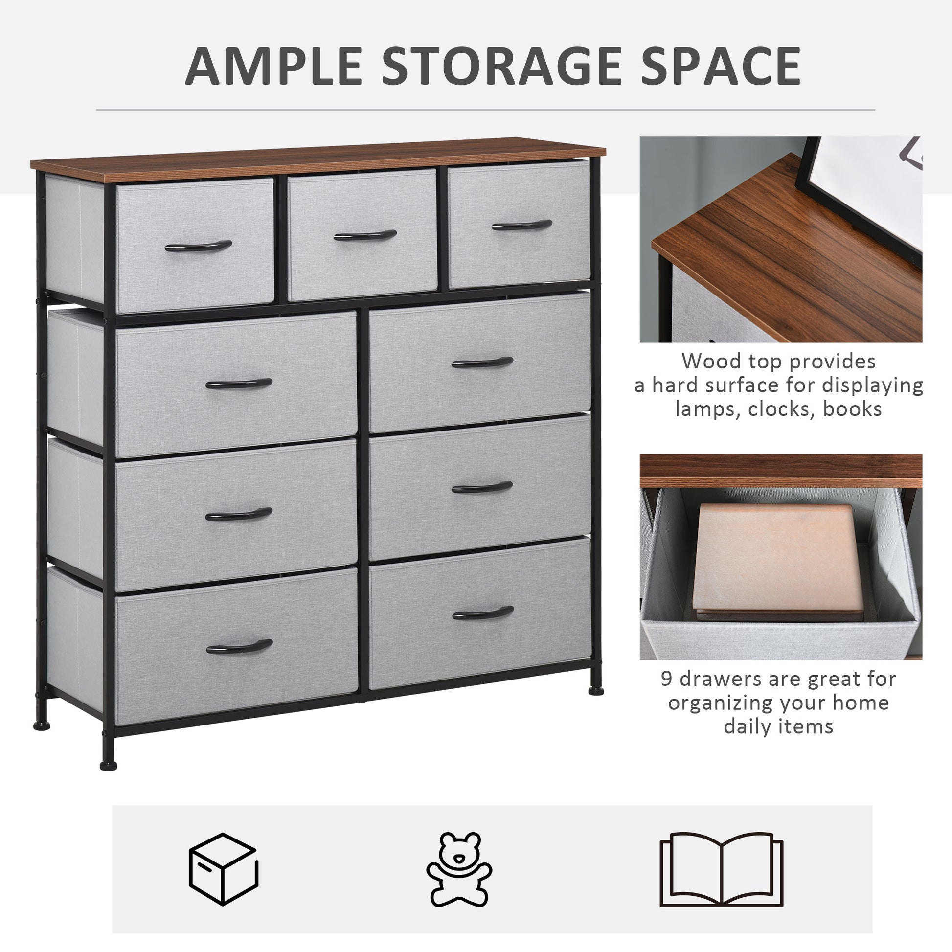 Dresser for Bedroom with 9 Drawers, 4-Tier Fabric Chest of Drawers, Tall Dresser Storage Tower with Steel Frame and Wood