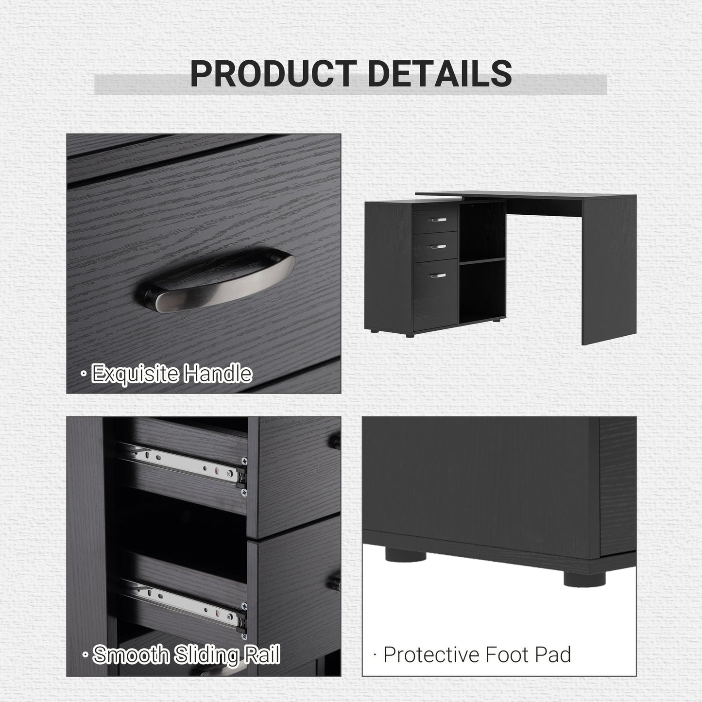 L-Shaped Corner Straight Writing Desk with Storage Shelf, Drawer, Home Office PC Table Computer Workstation, Black