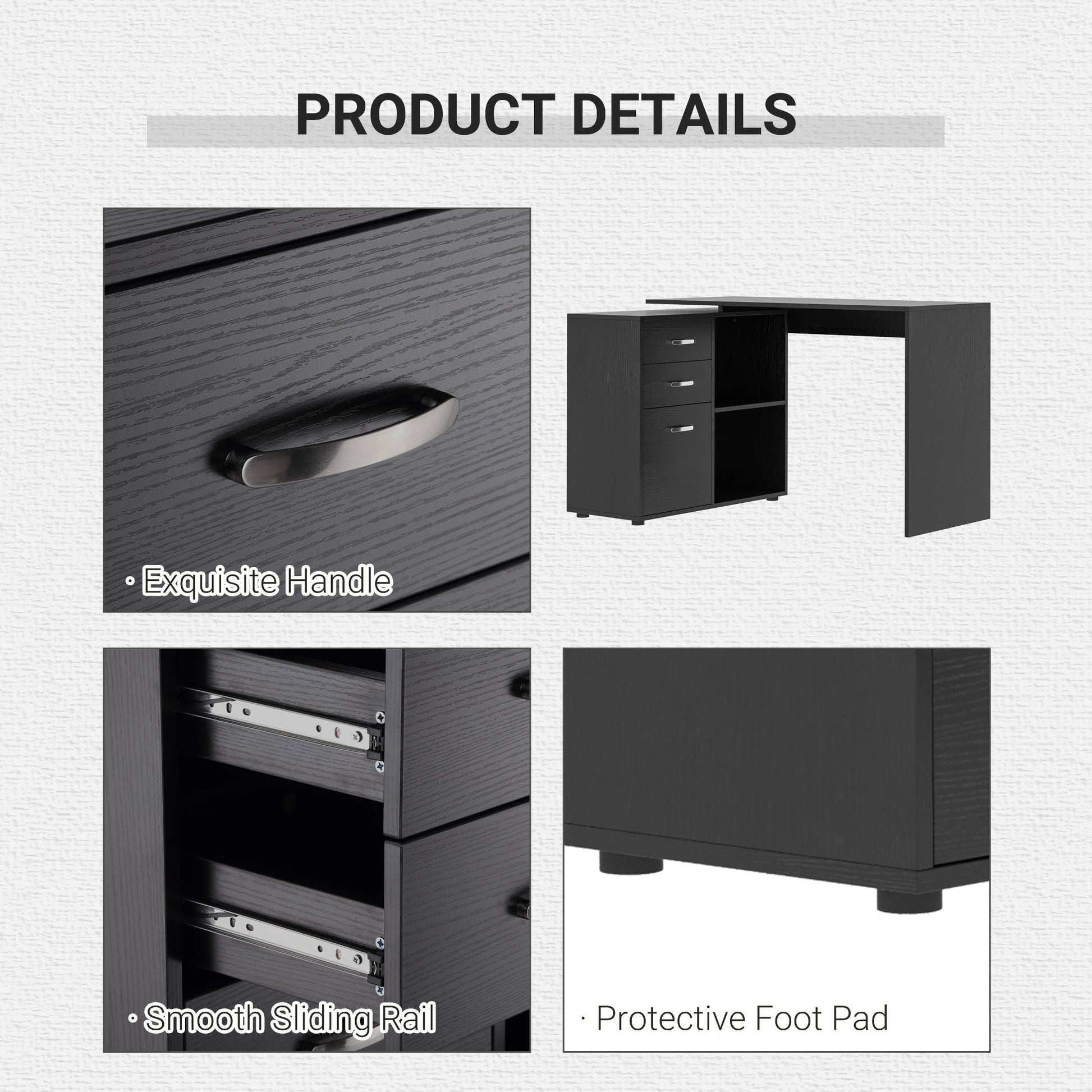 L-Shaped Corner Straight Writing Desk with Storage Shelf, Drawer, Home Office PC Table Computer Workstation, Black