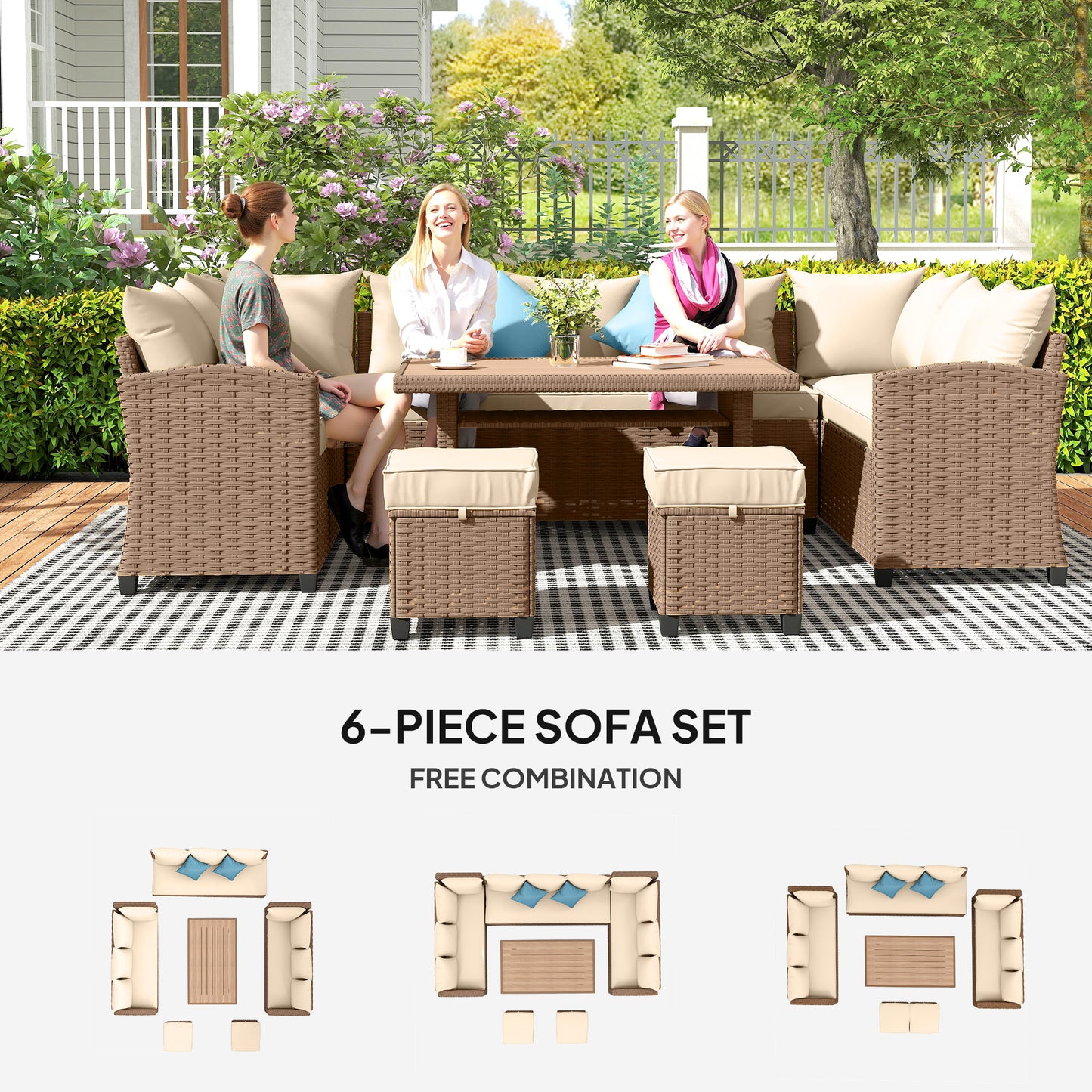 6 Pieces Patio Furniture Set, Outdoor Wicker Sofa Set, All Weather PE Rattan Conversation Furniture, with Strip Wood Gra
