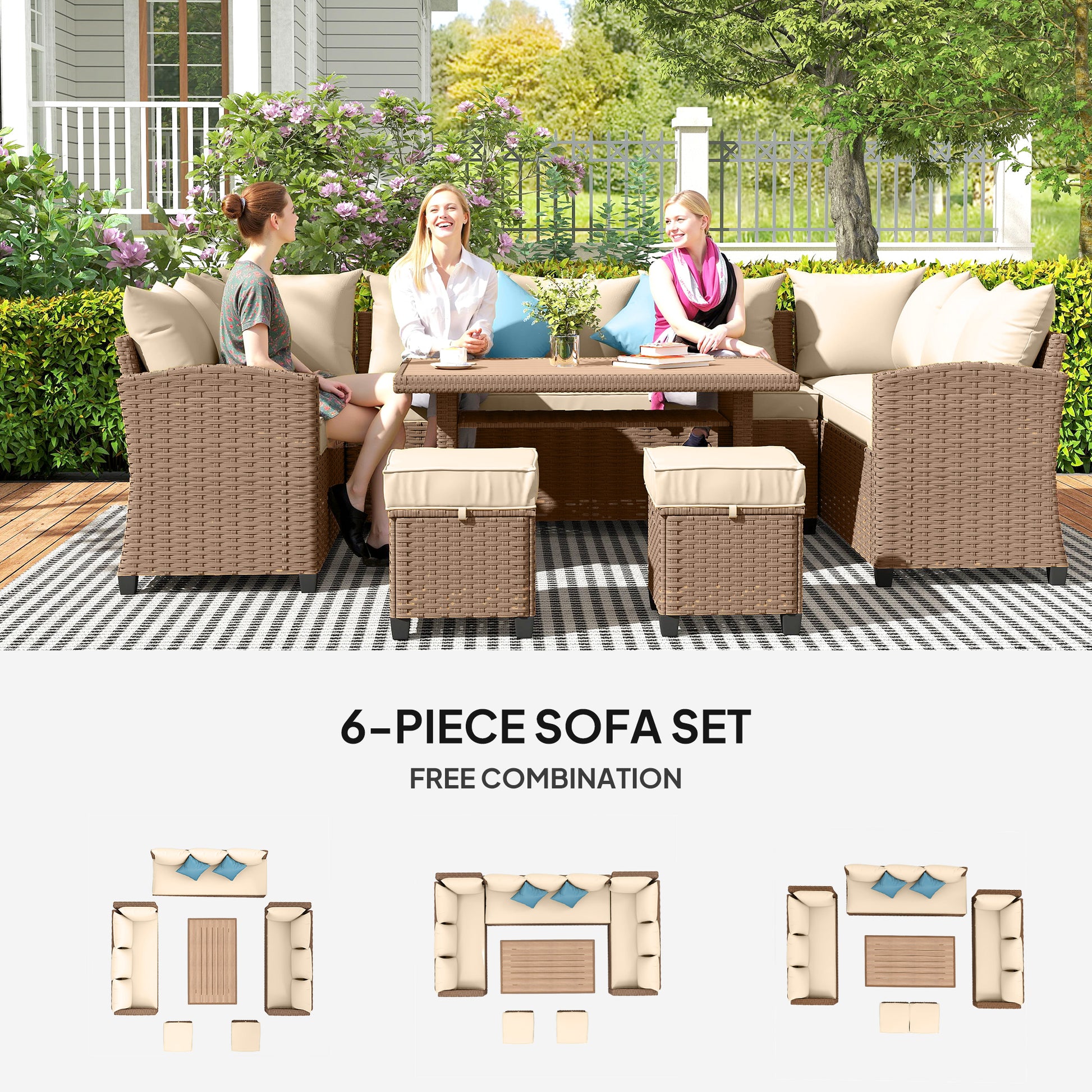 6 Pieces Patio Furniture Set, Outdoor Wicker Sofa Set, All Weather PE Rattan Conversation Furniture, with Strip Wood Gra