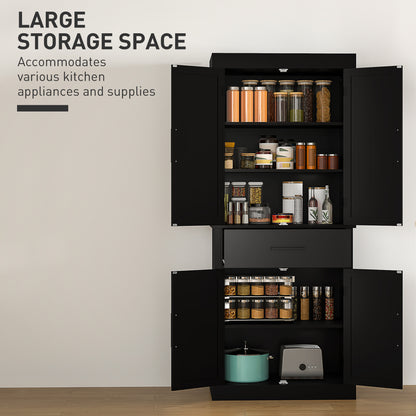 72" Kitchen Storage Cabinet, Farmhouse Kitchen Pantry Cabinet with 4 Barn Doors, Drawer, Adjustable Shelves, Black