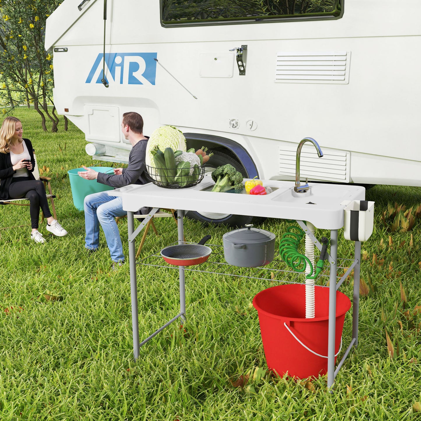 Folding Fish Cleaning Table with Sinks, Camping Sink with Faucet Drainage Hose Sprayer Shelf, White