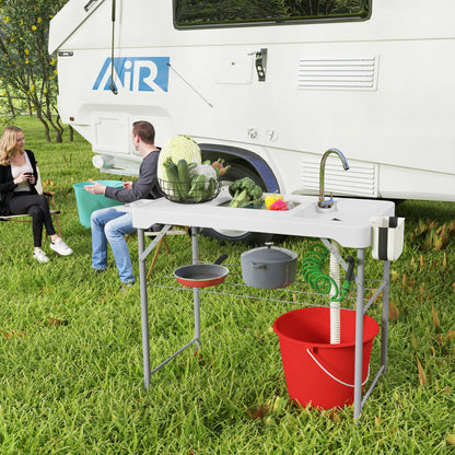 Folding Fish Cleaning Table with Sinks, Camping Sink with Faucet Drainage Hose Sprayer Shelf, White