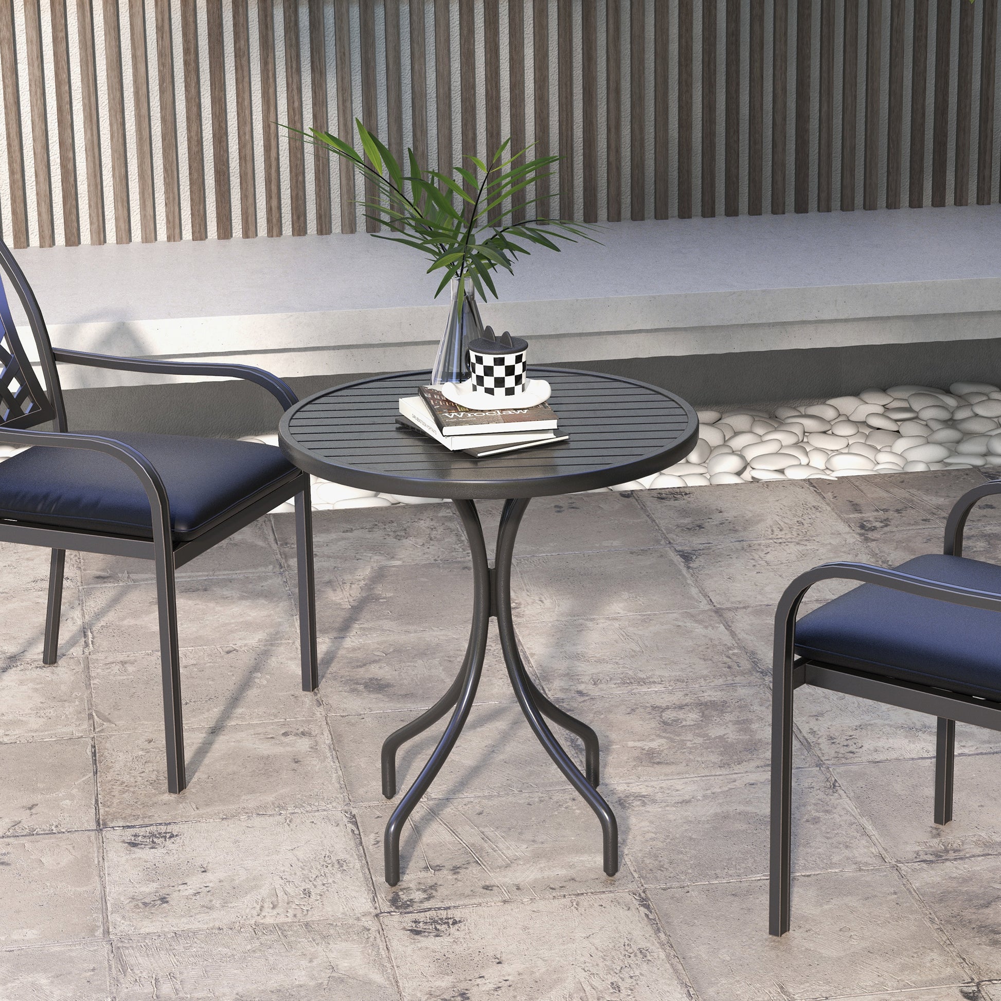 26" Round Patio Table, Outdoor Side Table with Steel Frame and Slat Tabletop for Garden, Balcony, Black