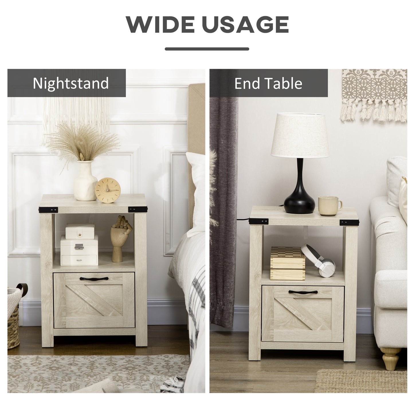 Side Table with Storage, Farmhouse End Table with Drawer, Open Shelf and Barn-style Panel, Nightstand for Living Room, B
