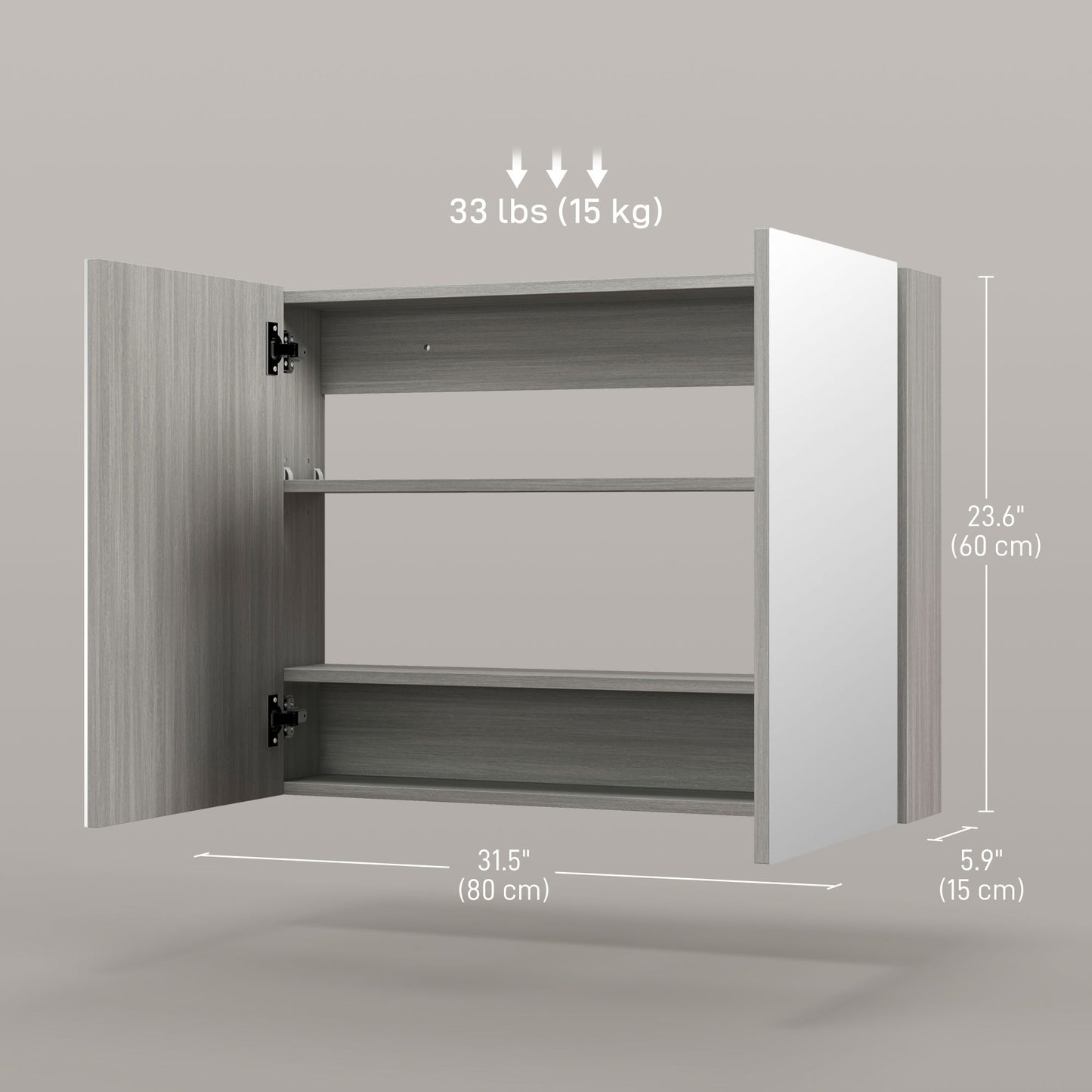 Bathroom Mirror Cabinet, Wall-Mounted Storage Organizer with Double Doors, Adjustable Shelf, Grey