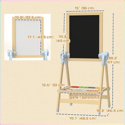 Qaba Wooden Art Easel, Double Sided Kids Easel with Height Adjustable Chalkboard and Magnetic Whiteboard, Natural