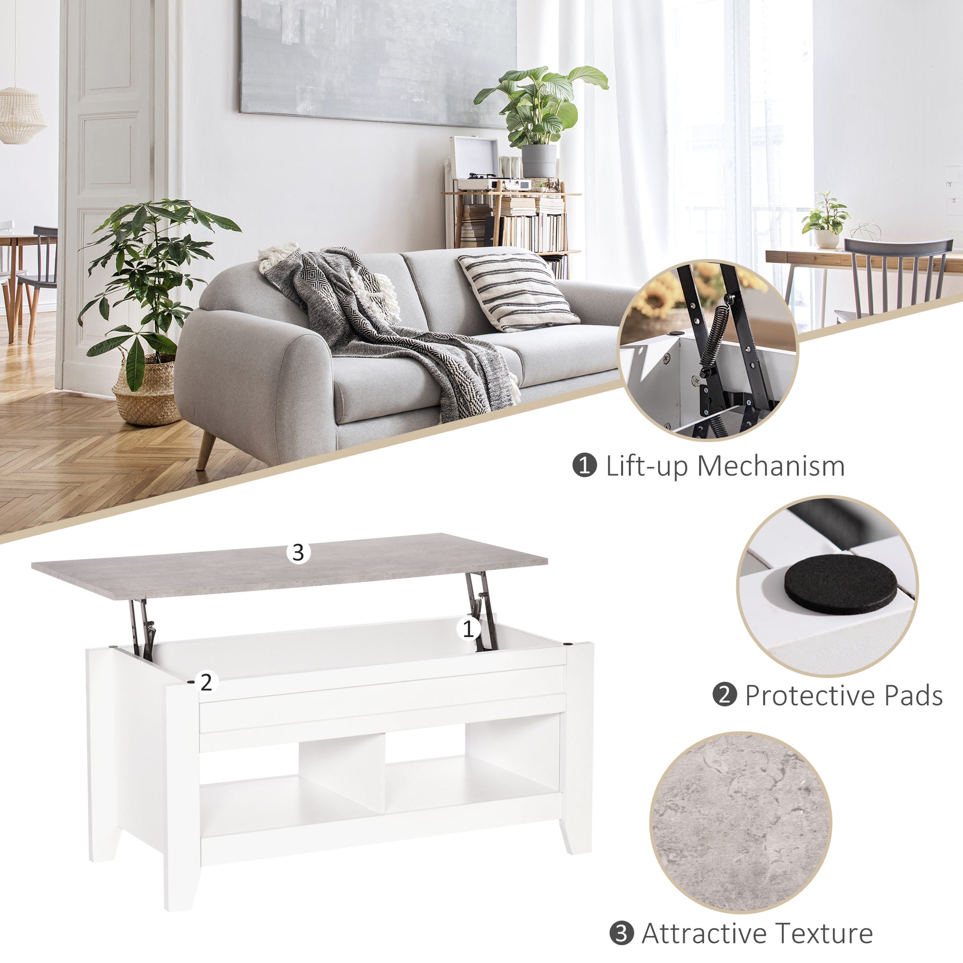 Lift Top Coffee Table with Hidden Storage Compartment and Open Shelves, Lift Tabletop Pop-Up Center Table for Living Roo