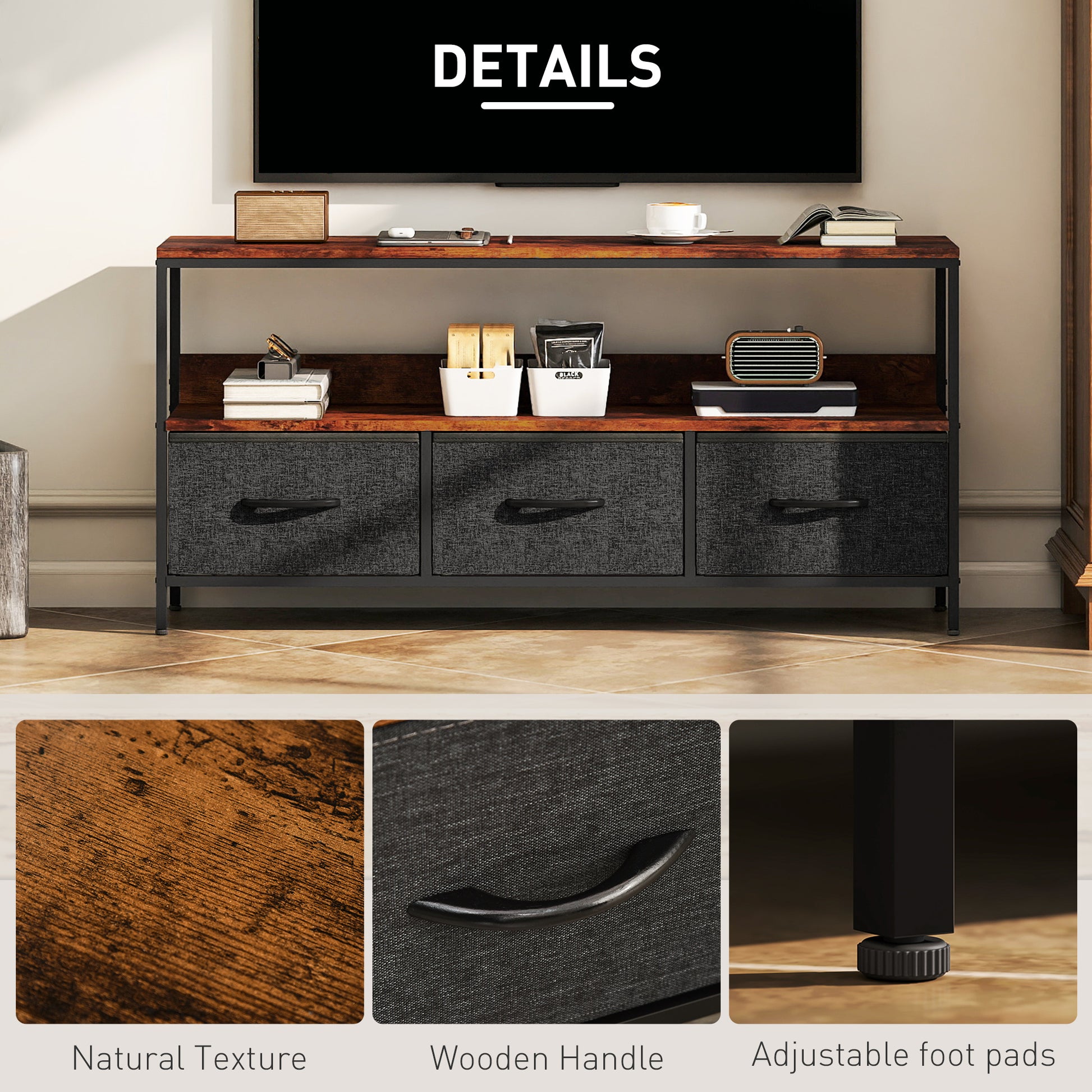 TV Stand with Charging Station, TV Table with 3 Foldable Linen Drawers and Open Shelf for 55 Inch Television, Rustic Bro